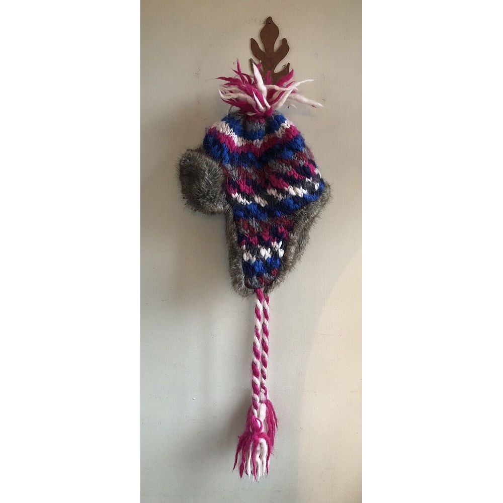 American Eagle Outfitters Wool Knit Trapper Hat Faux-Fur Lined OS Fuchsia Blue